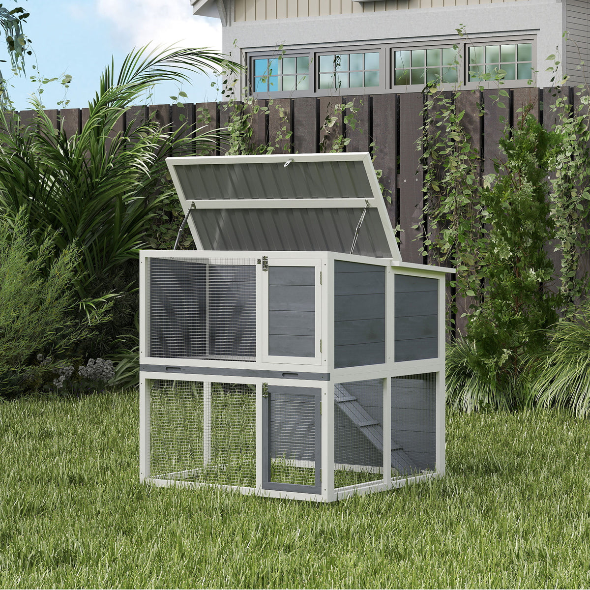 Clapier lapin extérieur cage à lapin 2 étages spacieux toit double ouverture plateau amovible 98x95x102,5cm gris-1