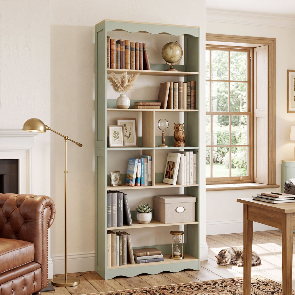 Bibliothèque, étagère de rangement à 6 niveaux avec 6 compartiments ouverts, 76 x 23,8 x 180 cm, bois naturel et vert-9