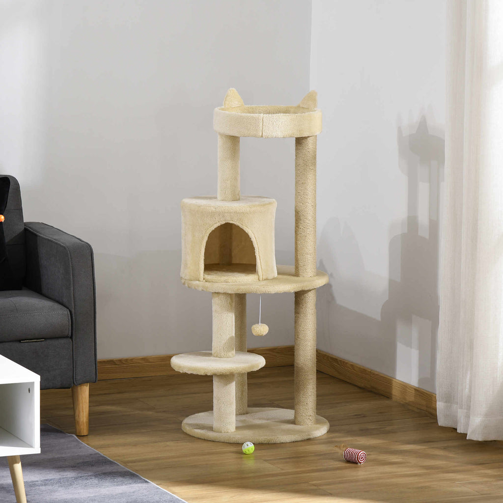 Arbre à chats multi-équipements griffoirs grattoirs plateformes niche jeu boule suspendue Ø 48 x 104H cm crème-7