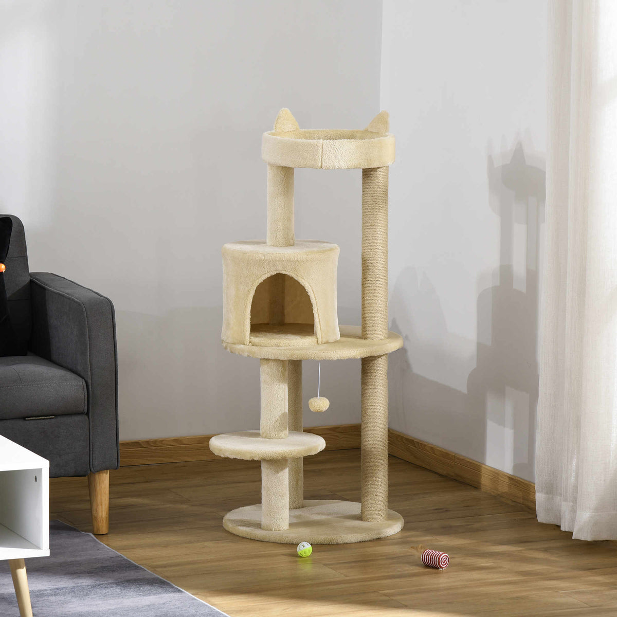Arbre à chats multi-équipements griffoirs grattoirs plateformes niche jeu boule suspendue Ø 48 x 104H cm crème-7