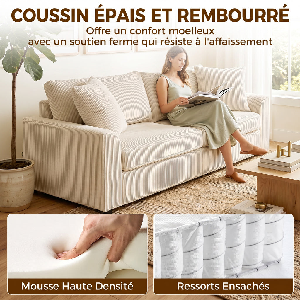 Canapé 3 places 212 cm avec 2 coussins à ressorts, tissu velours côtelé, pour salon, chambre, bureau à domicile, crème-4