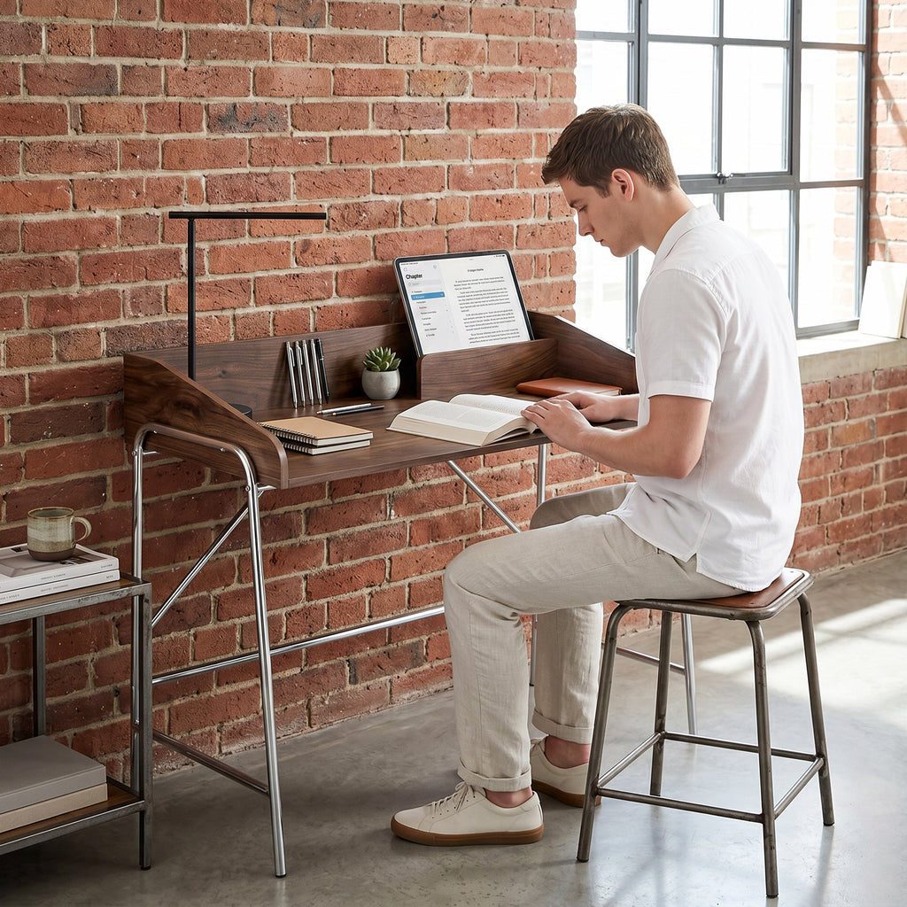 Bureau, bureau d'ordinateur 109 cm avec rebord de sécurité et structure en métal, noyer-9