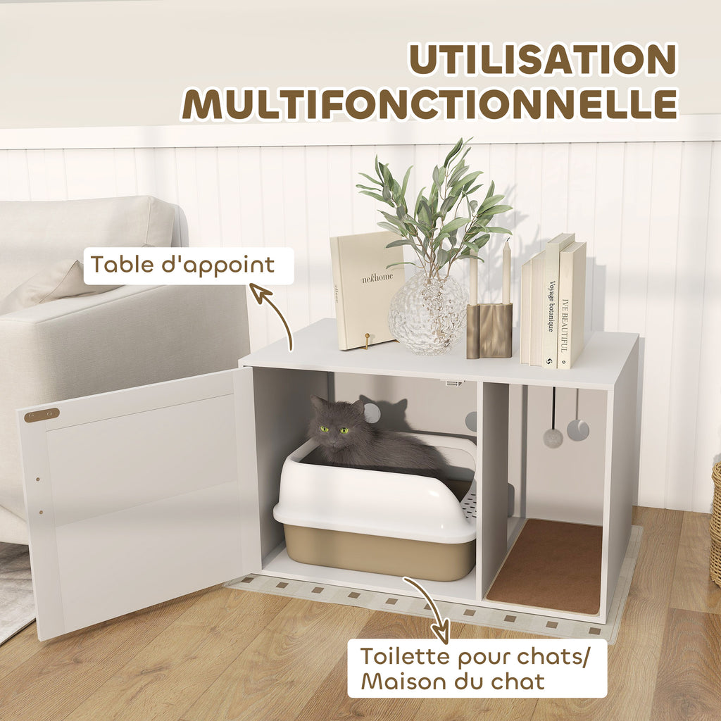 Maison de toilette chat meuble litière pour chat tapis griffoir porte avec poignées style bohème 80 x 50 x 50 cm blanc-3