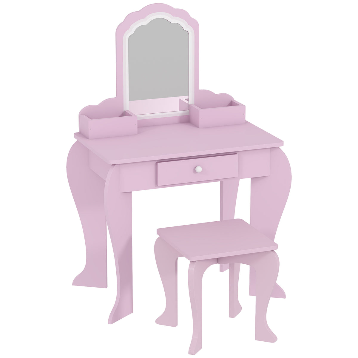 Coiffeuse pour enfant avec tabouret et miroir, table de maquillage avec tiroir et 2 compartiments, 55x36x86cm, rose-0