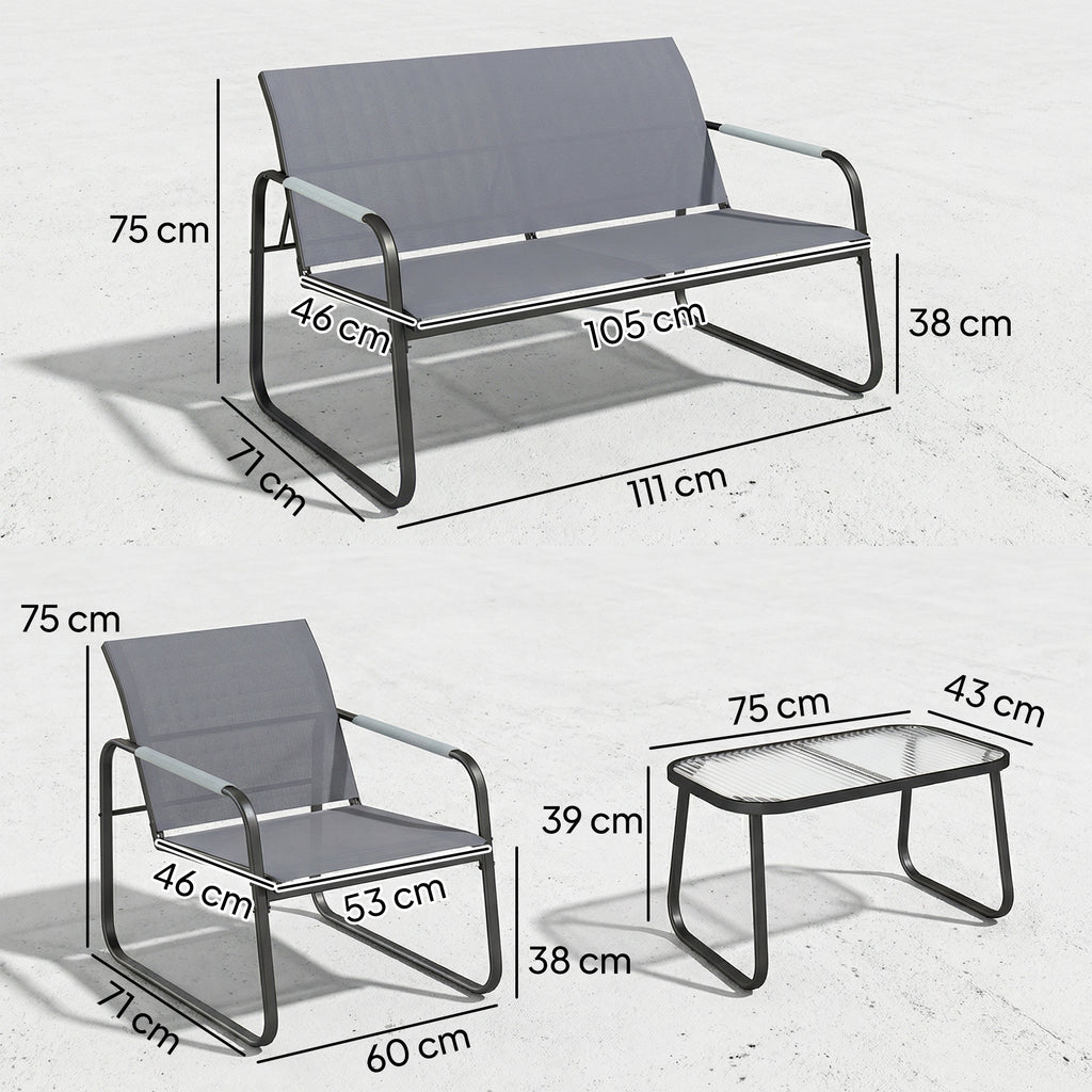 Salon de Jardin Ensemble de Terrasse en Acier et Textilène 4 Pièces avec Accoudoirs Corde Tressée Gris-2