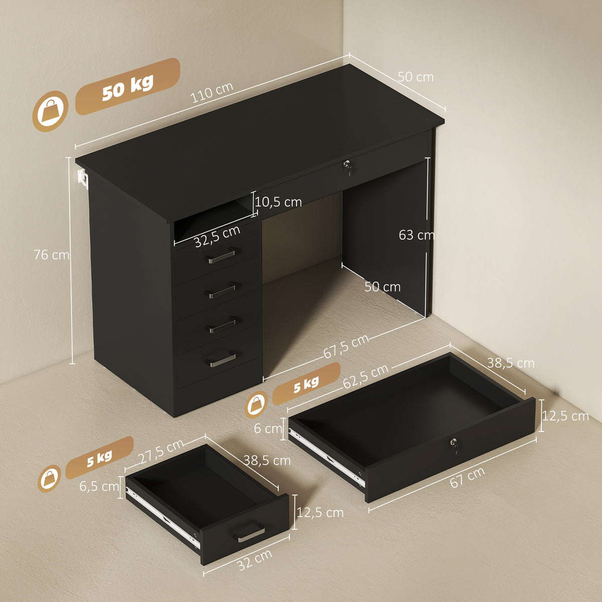 Bureau moderne avec 5 tiroirs, grand plateau, 1 compartiment ouvert, tiroir verrouillable, 110 x 50 x 76cm, noir-2