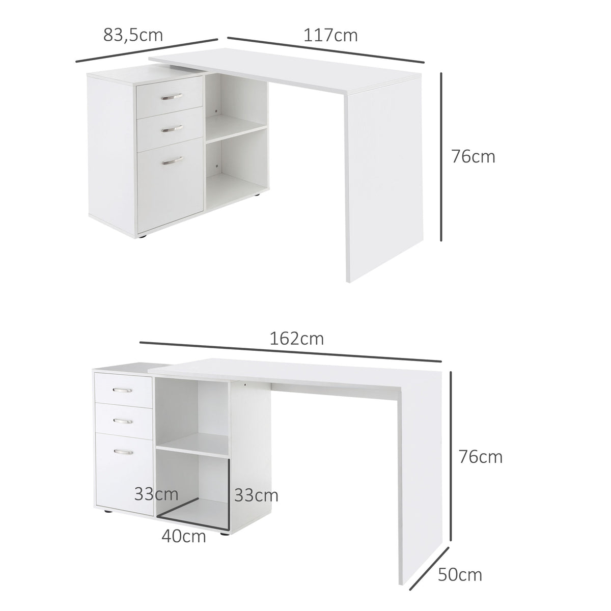 Bureau d'angle bureau droit modulable table de salle à manger 2 en 1 bureau informatique tiroirs x 3 + 2 niches-2