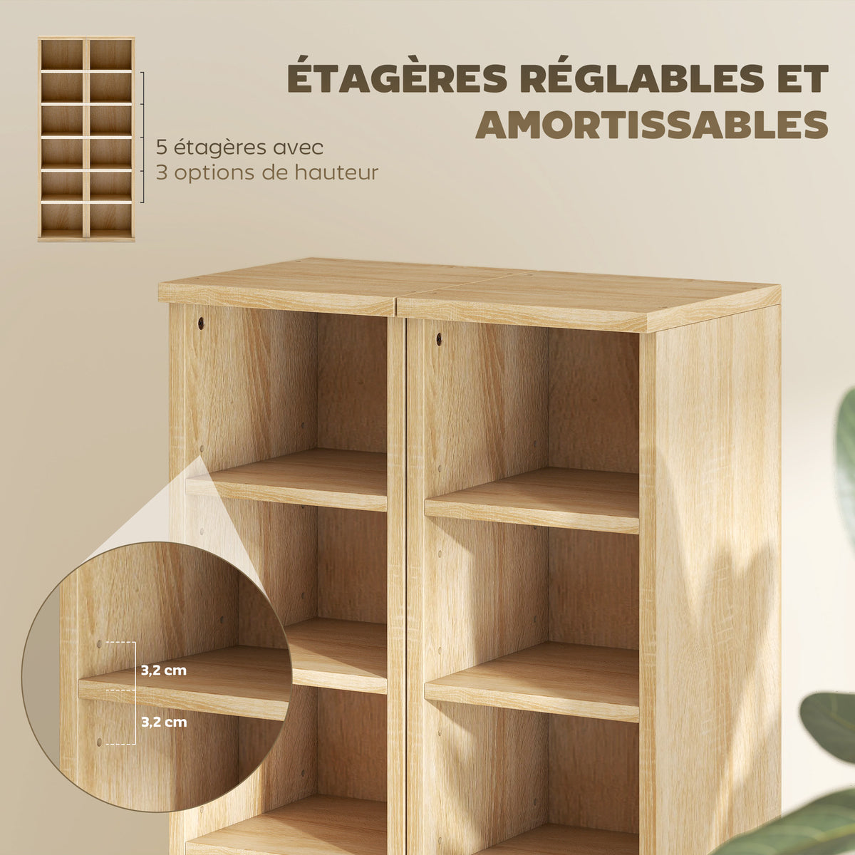 Lot de 2 étagères colonnes armoire de rangement CD-DVD 12 compartiments 21 x 22,5 x 88,5 cm capacité 204 CD chêne-5
