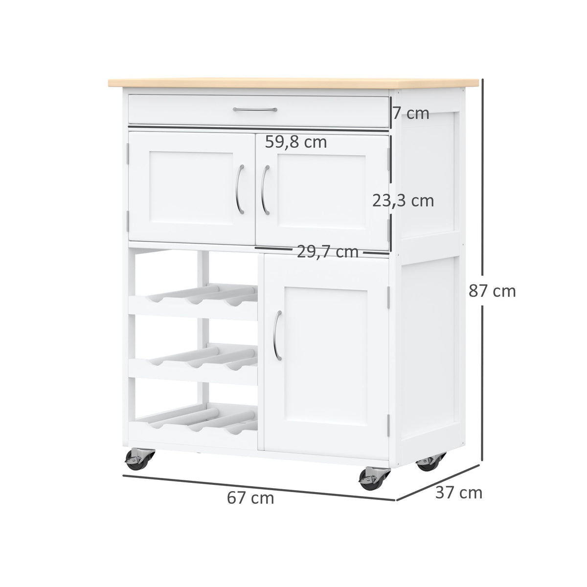 Desserte de cuisine multi rangements 2 placards tiroir casier 9 bouteilles MDF blanc plateau bois caoutchouc-2