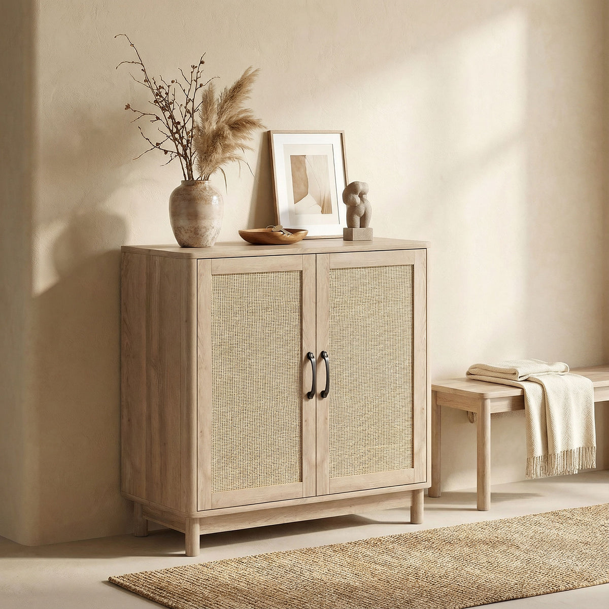 Buffet salon, meuble de rangement avec 2 portes en rotin, étagère réglable et bords arrondis, 76 x 35 x 75,5 cm, chêne-8