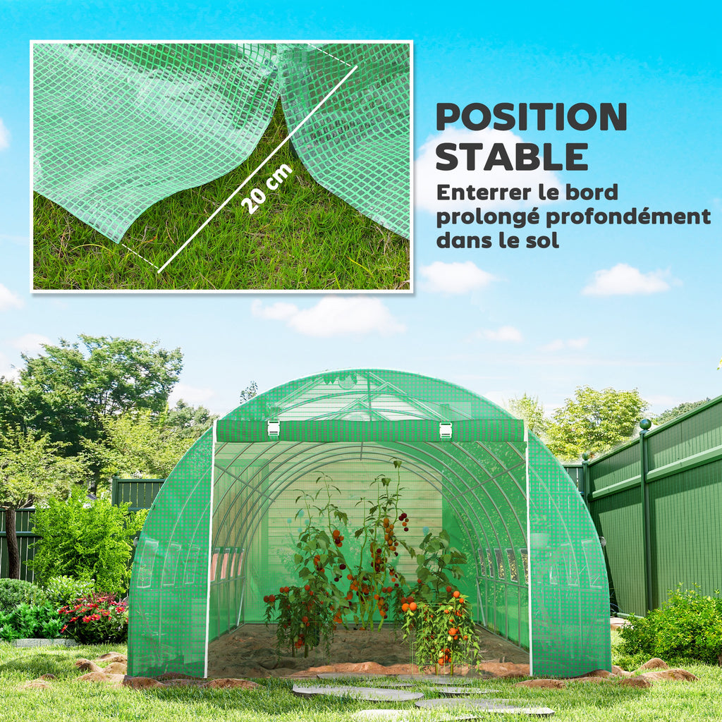 Serre de jardin tunnel 24m² 8L x 3l x 2H m - 16 fenêtres, Porte zippée enroulable acier galvanisé, bâche PE, Vert-6