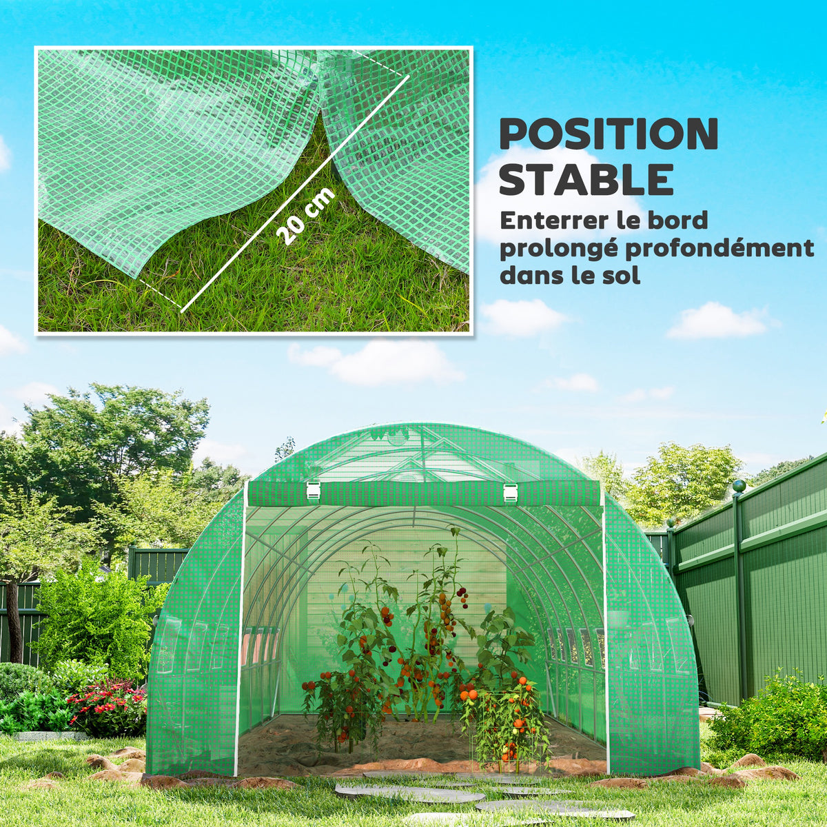 Serre de jardin tunnel 24m² 8L x 3l x 2H m - 16 fenêtres, Porte zippée enroulable acier galvanisé, bâche PE, Vert-6