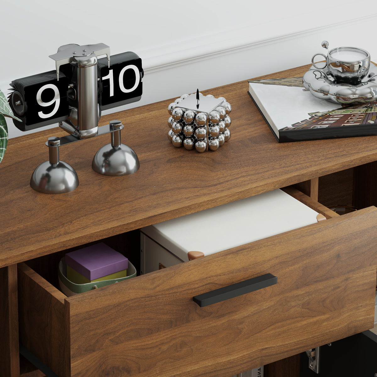 Buffet salon meuble de rangement avec 4 placards, tiroirs et étagères réglables, dim. 120 x 35 x 85 cm, marron et noir-7