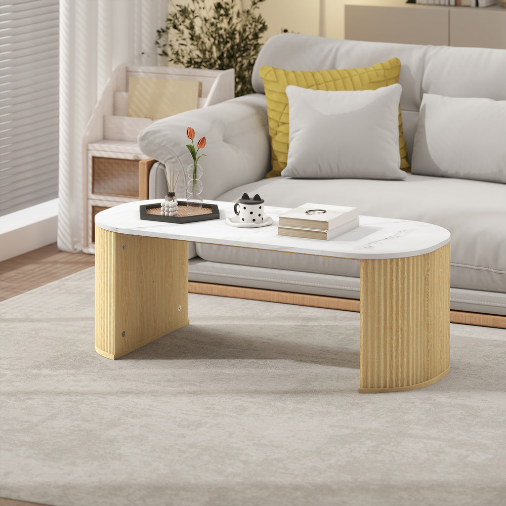 Table basse ovale, table d'appoint aspect effet marbre, coins arrondis pieds épais, 110 x 50 x 40 cm, blanc-9