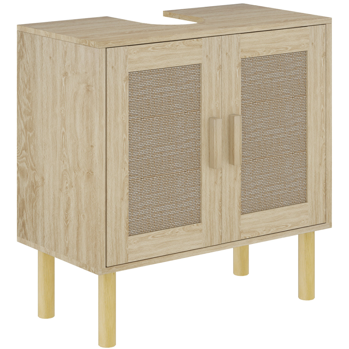 Meuble salle de bain sous lavabo meuble sous lavabo portes en rotin pieds bois de pin 2 niveaux 60 x 30 x 60 cm chêne-0