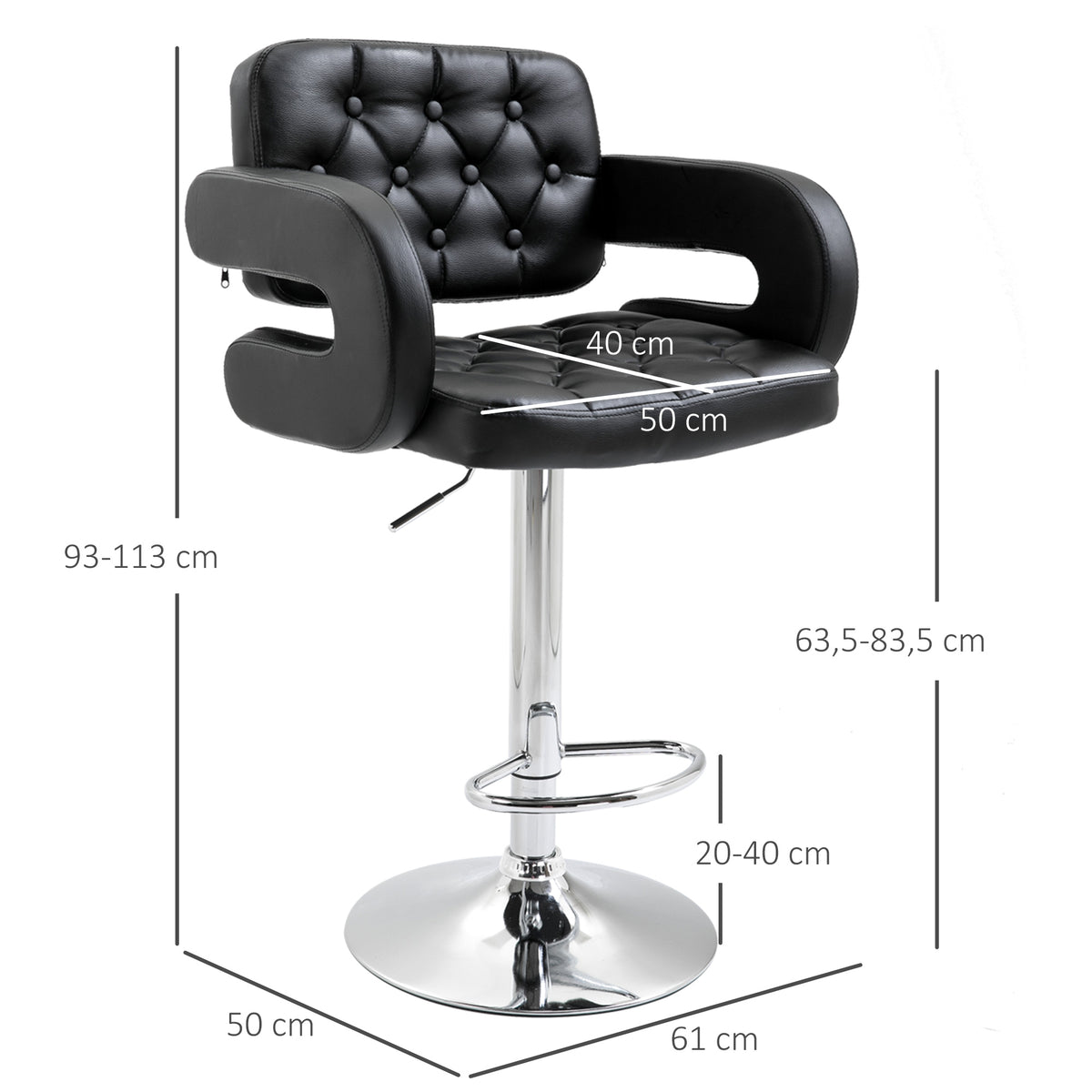 Tabouret de bar pivotant chaise de bar réglable en hauteur avec dossier repose-pieds et accoudoirs 61x50x93-113cm noir-2