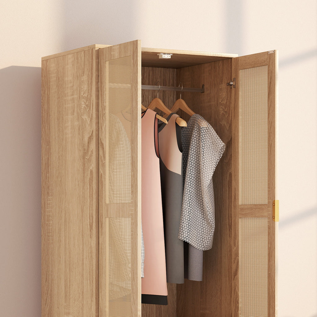 Armoire chambre penderie avec 2 portes en rotin, 2 tiroirs et barre de suspension, 63 x 47 x 185 cm, bois naturel-8