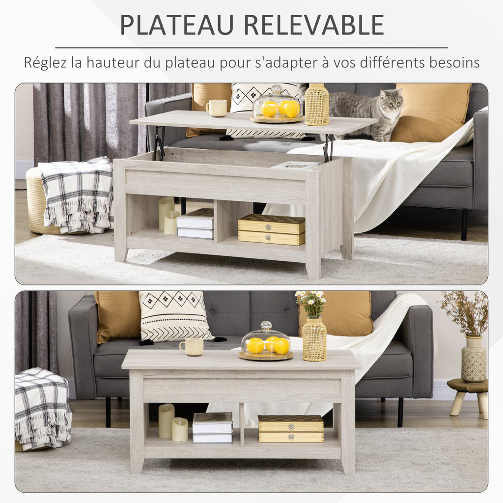 Table basse plateau relevable, table de salon avec étagères et compartiment caché,105 x 50 x 49-62,5 cm pour salon, chambre, aspect chêne clair-3