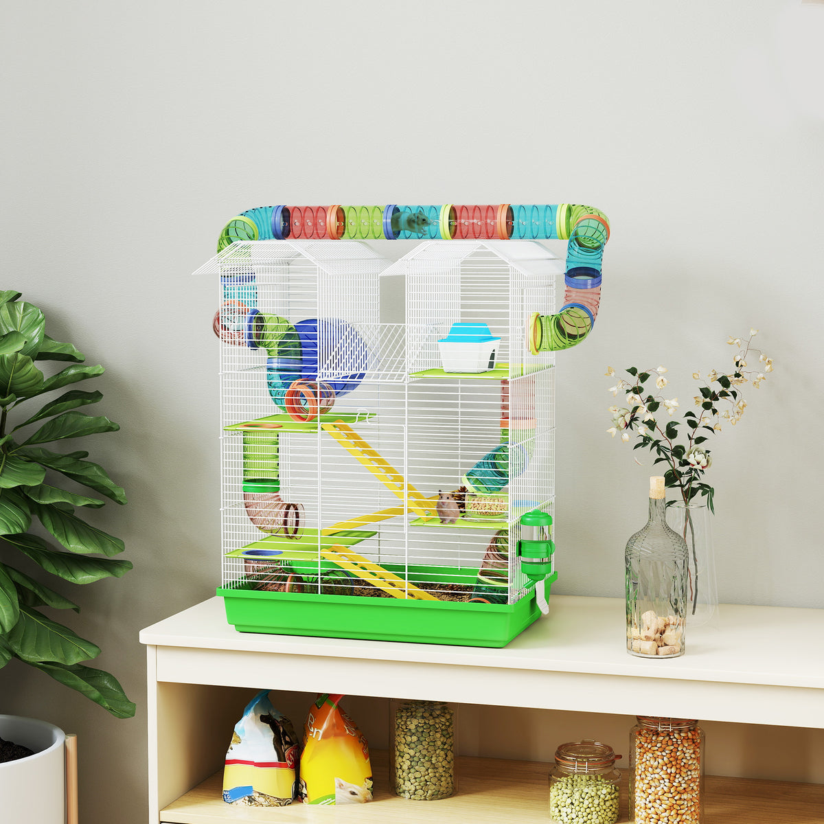 Cage pour hamster souris petit animaux rongeur avec tunnel mangeoire roue jouet 47 x 30 x 59 cm vert-1