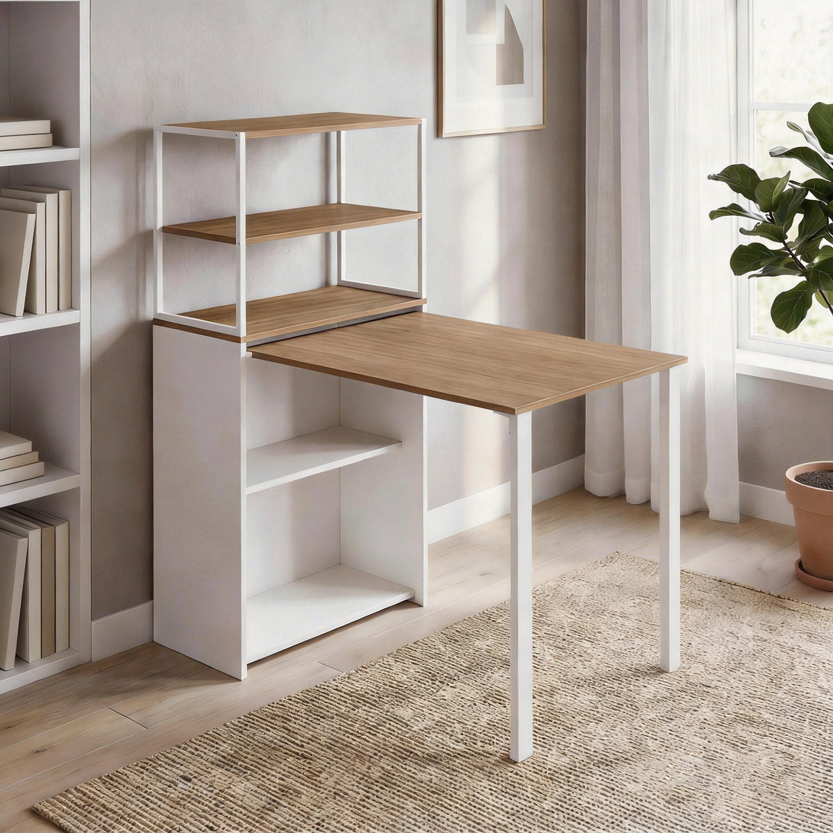 Bureau d'ordinateur pliable avec étagères de rangement à 4 niveaux, bureau avec 2 niches, 105 x 60 x 127 cm, chêne blanc-1