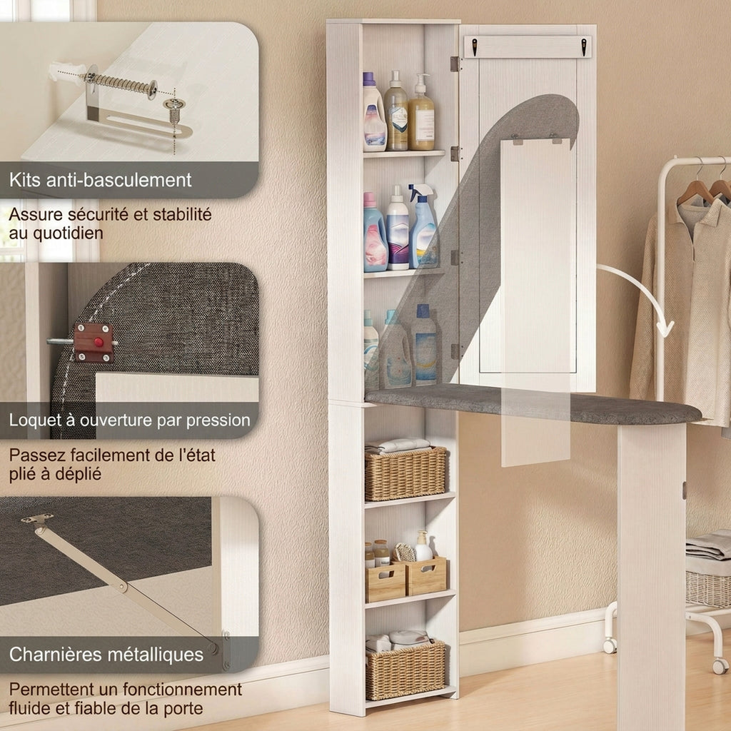 Armoire de Planche à Repasser Pliable avec Miroir, Armoire de Rangement avec 6 Compartiments, 2 Crochets, Blanc-8