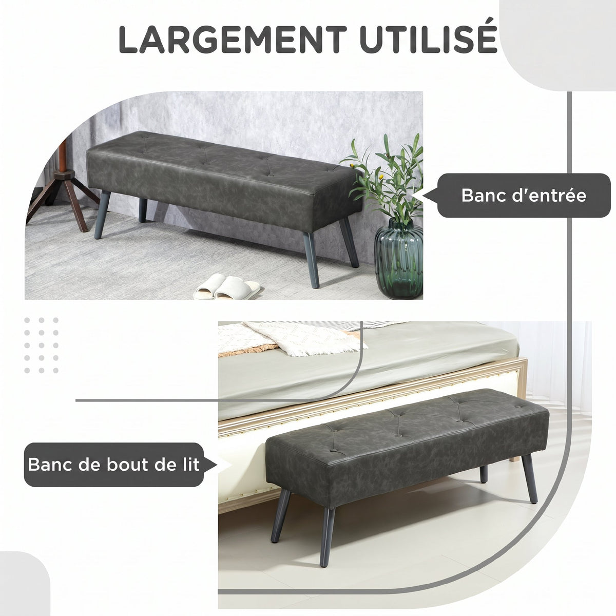 Banc bout de lit banquette capitonnée style vintage 114 x 38 x 42 cm piètement bois revêtement gris-3