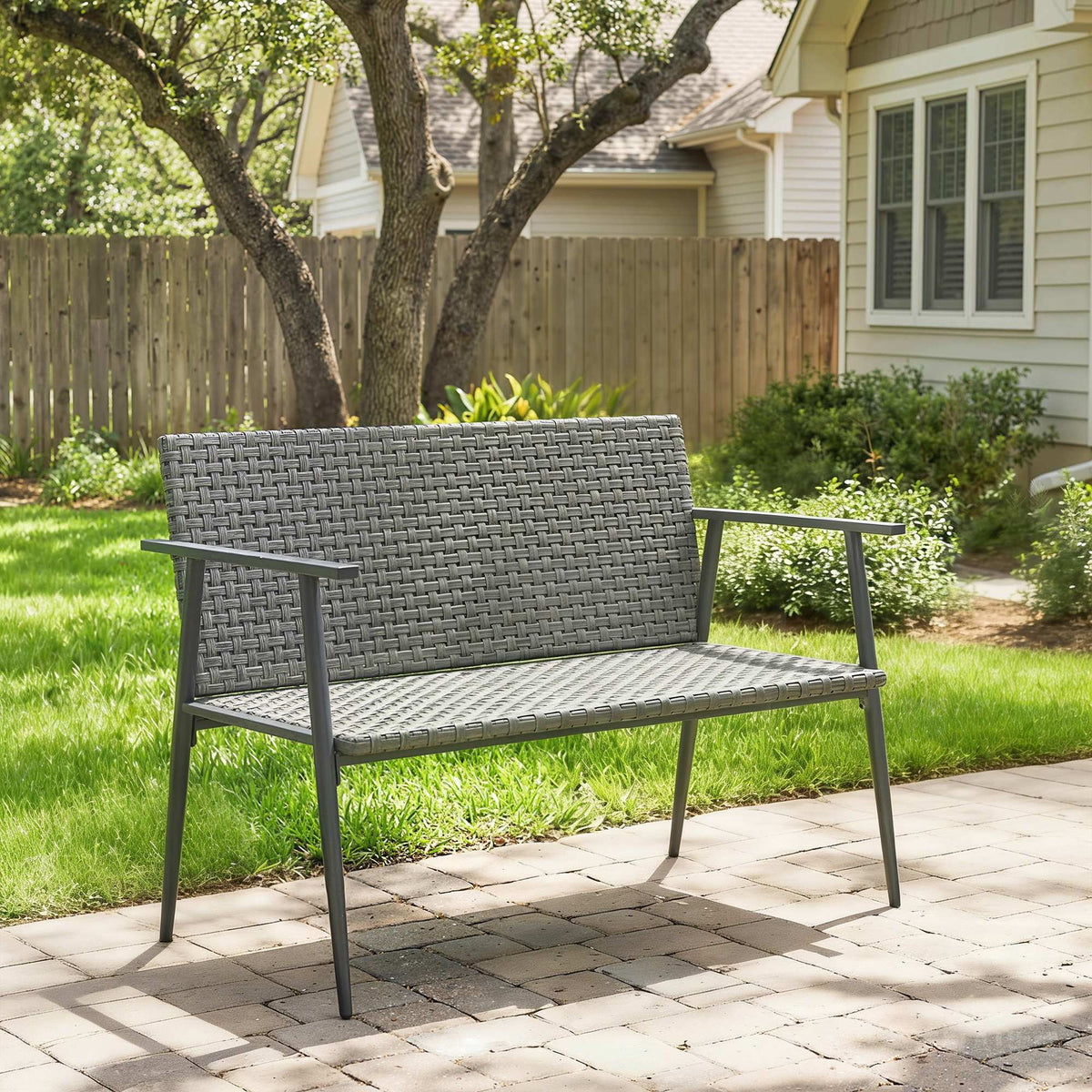 Banc de Jardin 2 places en Résine Tressée et Acier, avec Accoudoirs, Dossiers et Pieds Réglables, 110x58x78cm, Gris-1