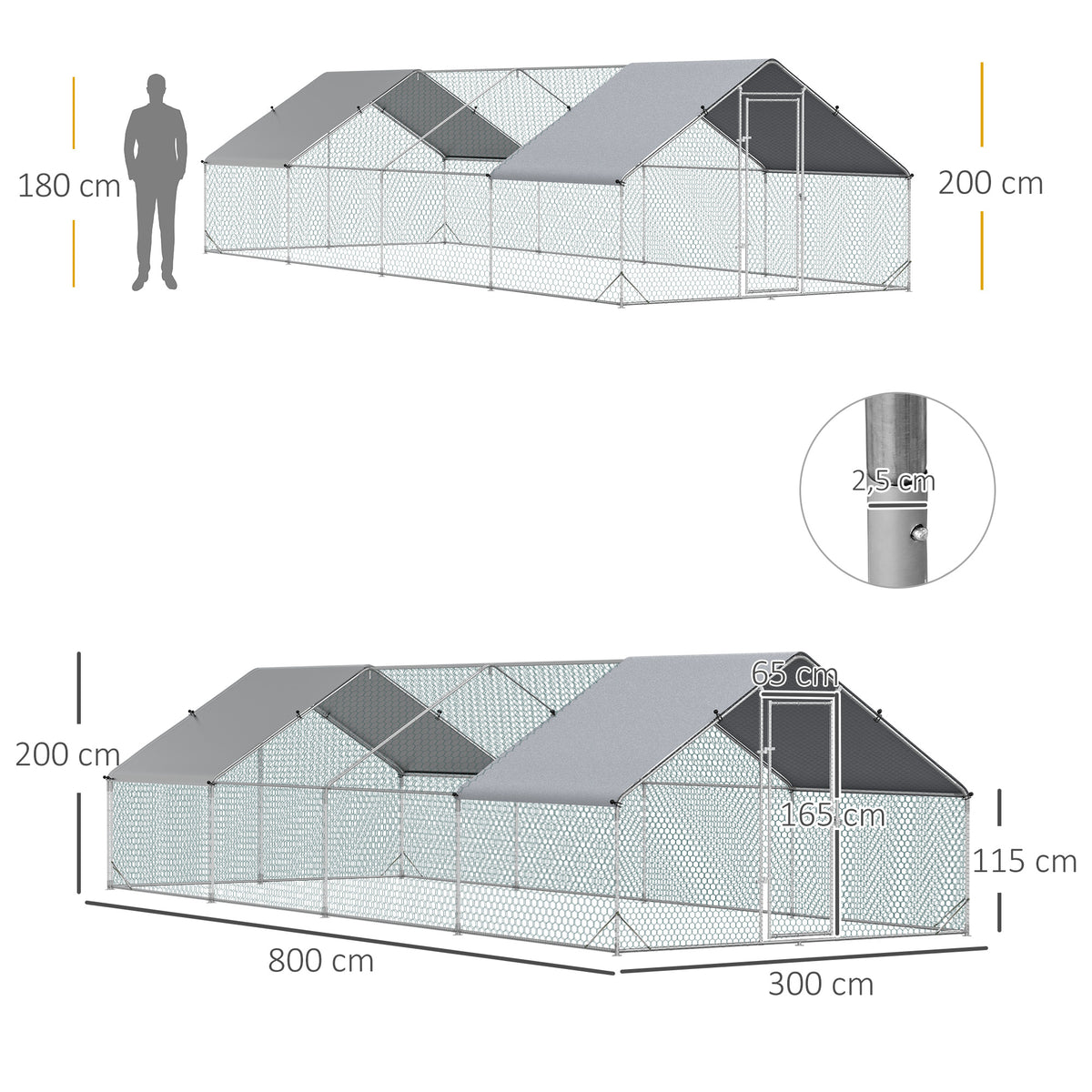 Enclos poulailler chenil volière extérieur 24 m² - Parc grillagé dim. 3L x 8l x 2H m - Espace Couvert - Acier galvanisé-2