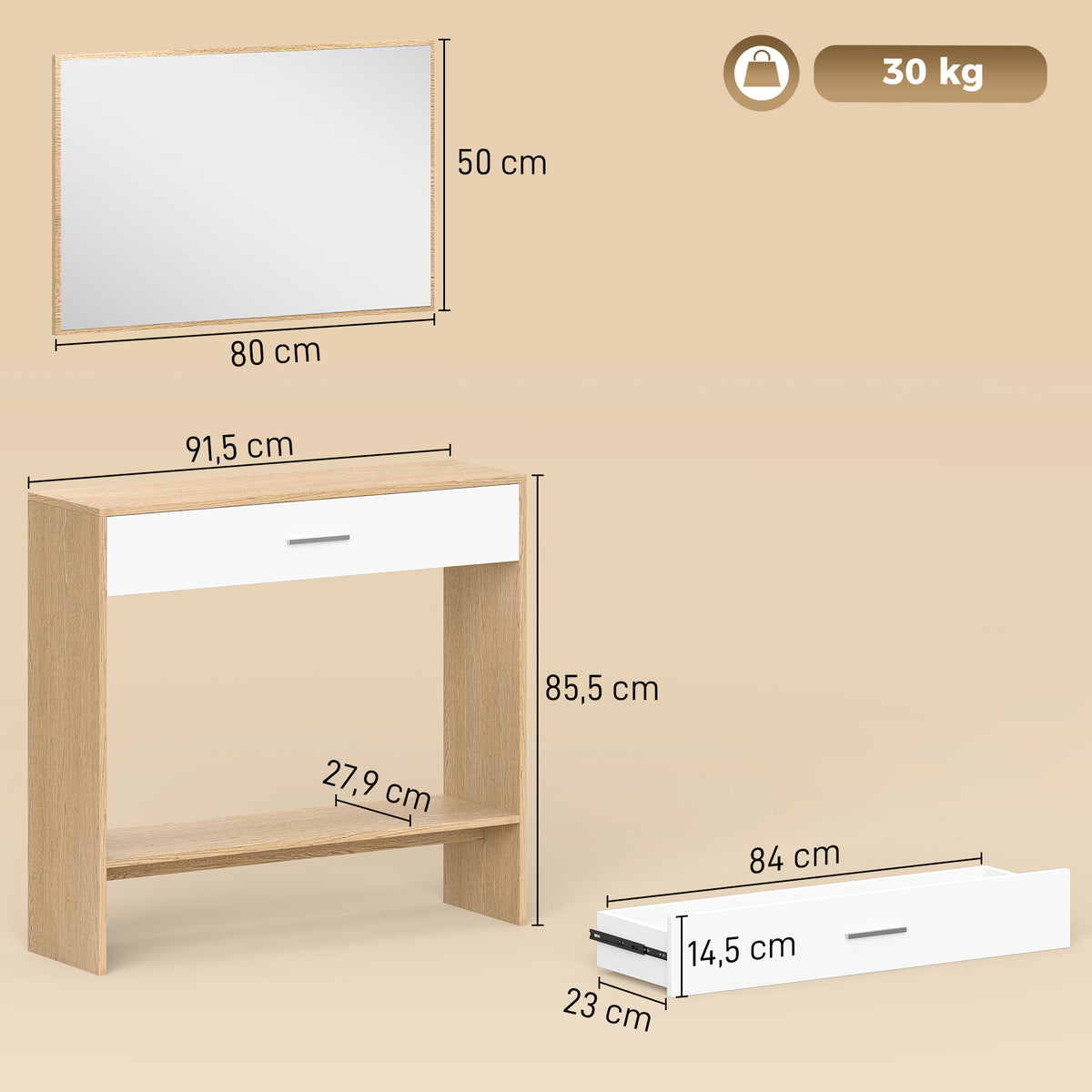 Console meuble + miroir, table console étroite avec tiroir et étagère, style moderne, 91,5 x 27,9 x 85,5 cm, chêne-2