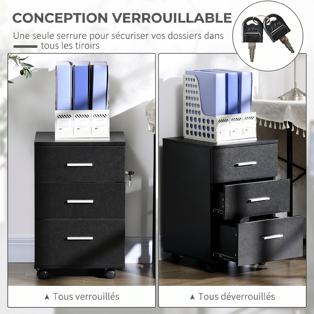 Caisson de Bureau Rangement Bureau sur Roulettes 3 Tiroirs Verrouillables 40 x 40 x 61,5 cm Noir-3