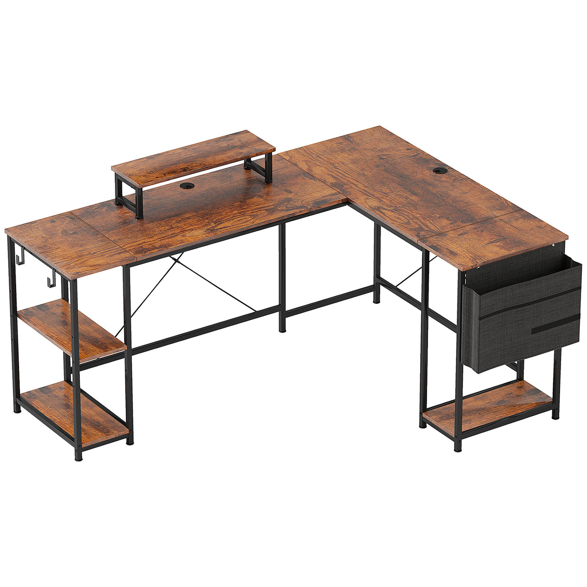 Bureau d'angle réversible, 168-240 cm, bureau d'ordinateur avec étagère réglable, support d'écran, brun rustique-0
