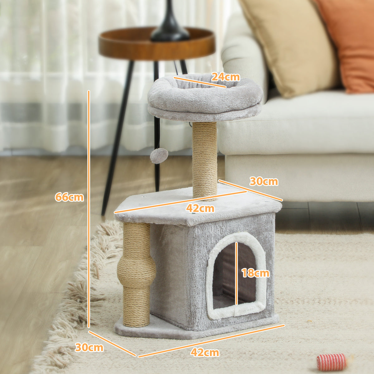 Arbre à chat tour de jeux pour chats, avec poteaux à griffer lit pour chat maison pour chat 42 x 30 x 66 cm gris clair-2