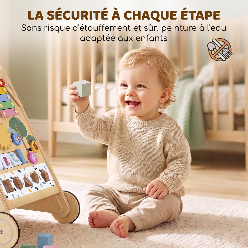 Trotteur Bebe en Bois, Chariot de Marche Bébé avec Centre d'Activités, Vitesse Réglable et 5 Blocs, dès 18 Mois, Naturel-6