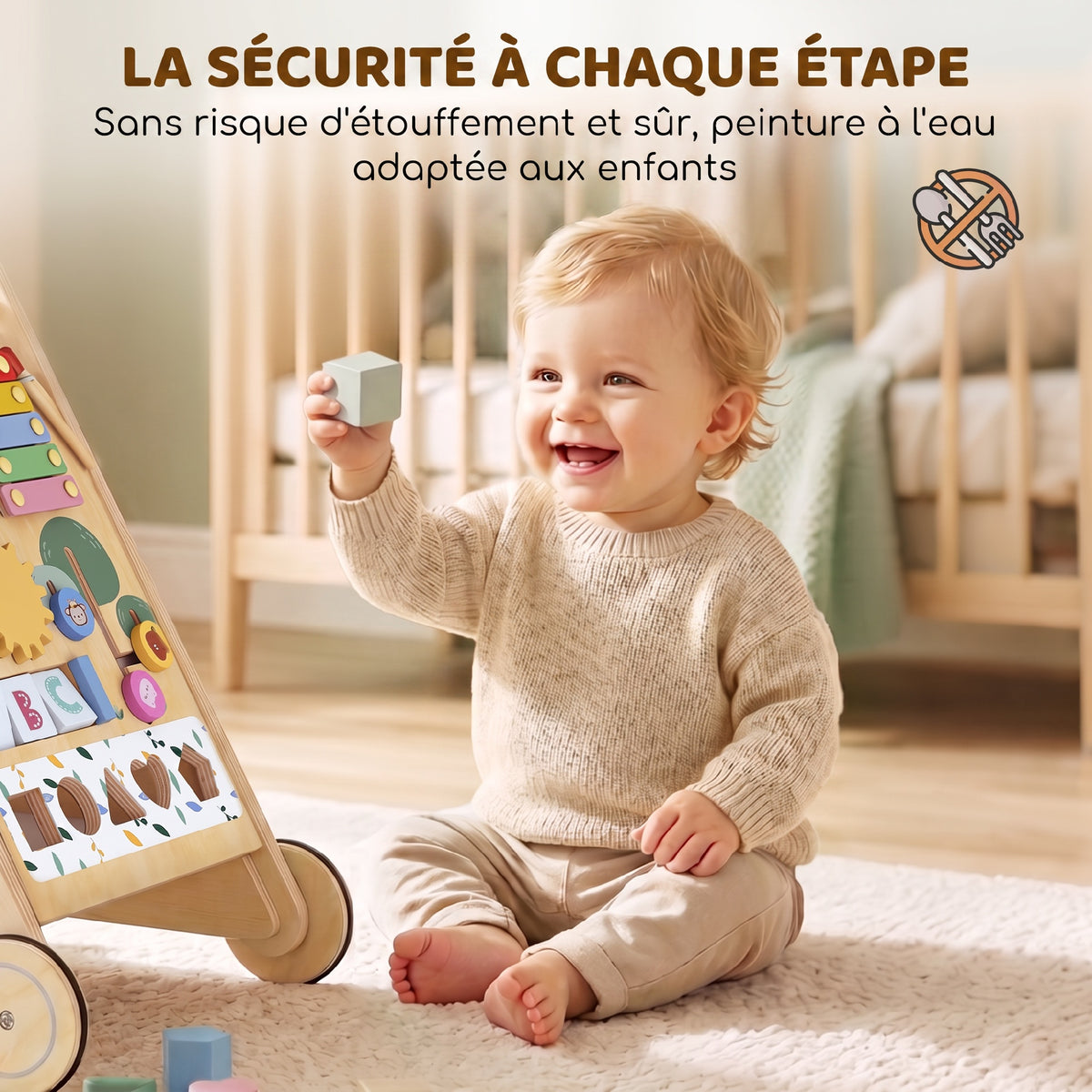 Trotteur Bebe en Bois, Chariot de Marche Bébé avec Centre d'Activités, Vitesse Réglable et 5 Blocs, dès 18 Mois, Naturel-6