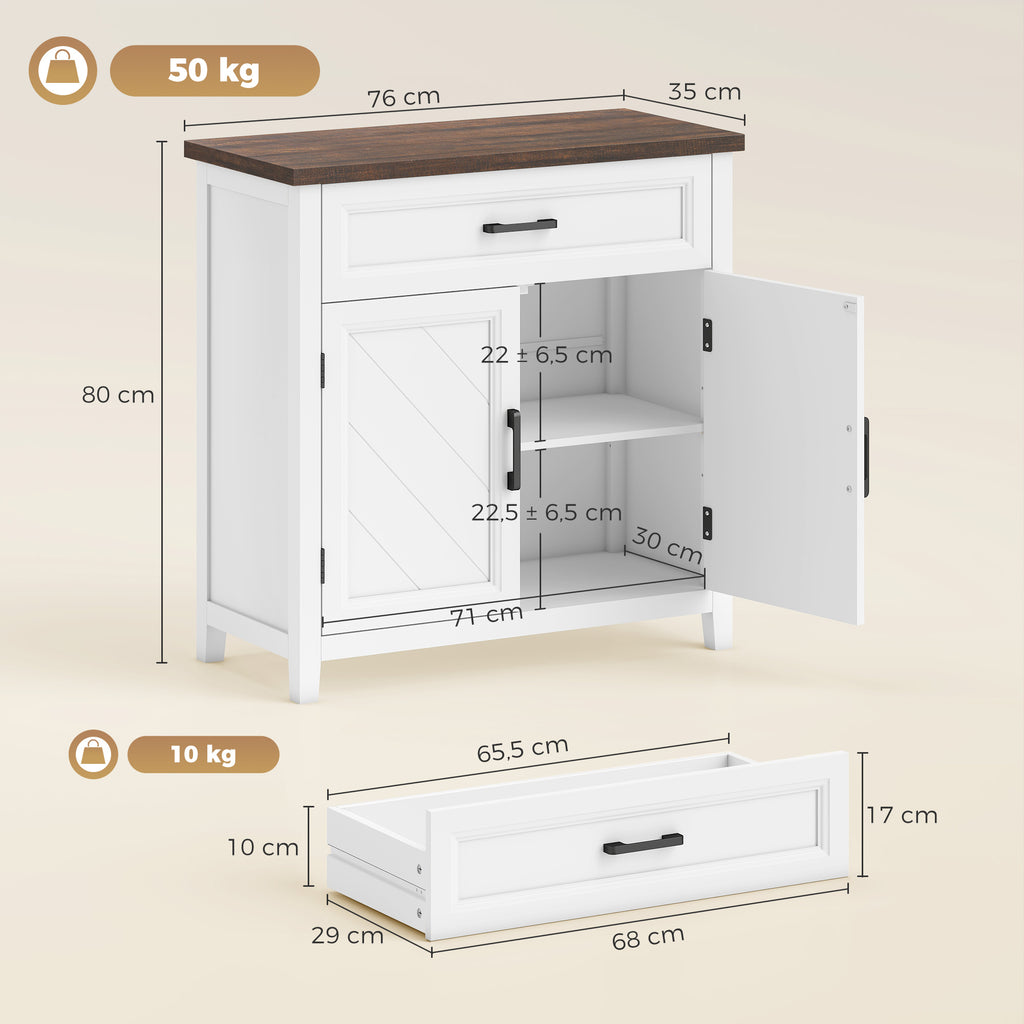 Buffet salon, meuble de rangement avec 2 portes, tiroir et étagère réglable, 76 x 35 x 80 cm, blanc-2