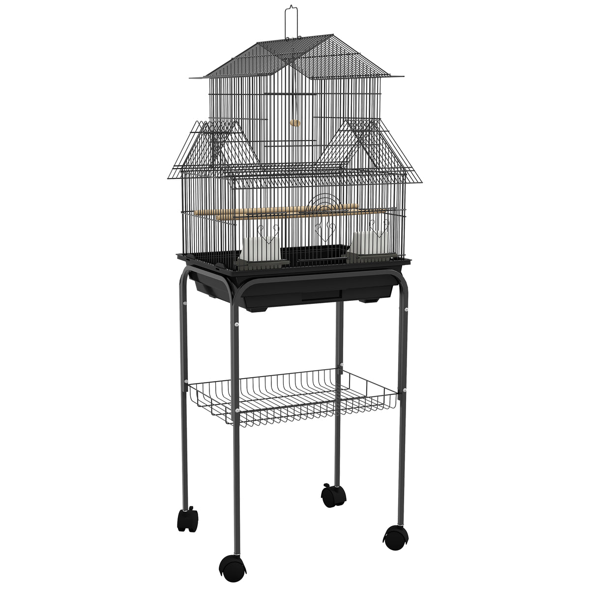 Cage à oiseaux design maison mangeoires perchoirs 3 portes plateau excrément amovible + poignée transport noir-0