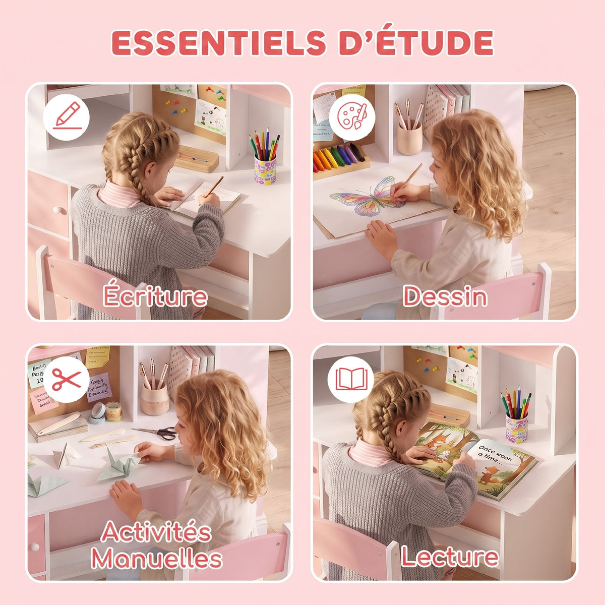 Bureau Enfant avec Chaise, Table d'Étude, Support de Tablette Réglable, Porte-Stylos, Panneau en Liège, 5-12 ans, Rose-3