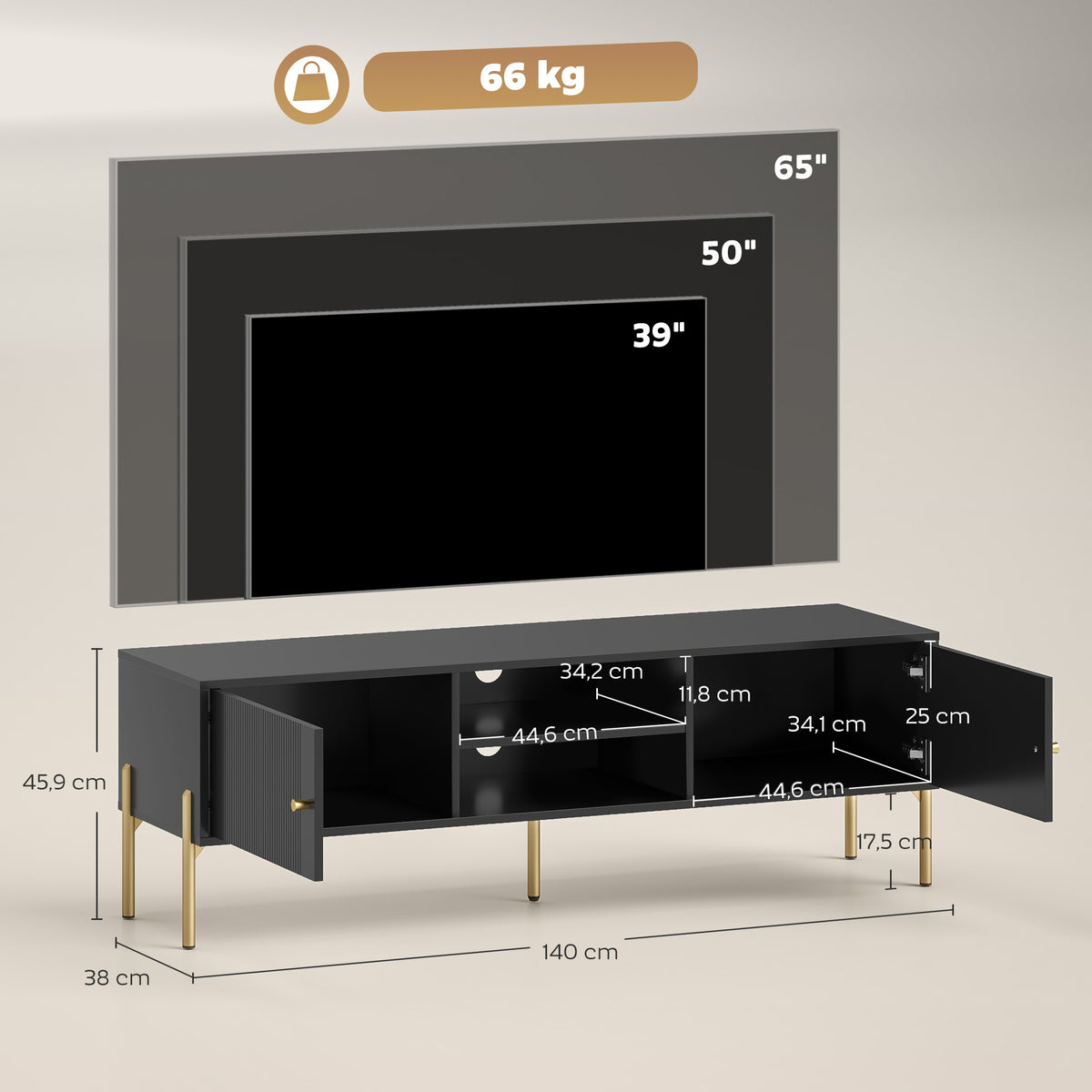 Meuble TV pour Télévision jusqu'à 65", Portes Cannelées, Compartiments Ouverts, Pieds Acier, 140 x 38 x 45,9 cm, Noir-2
