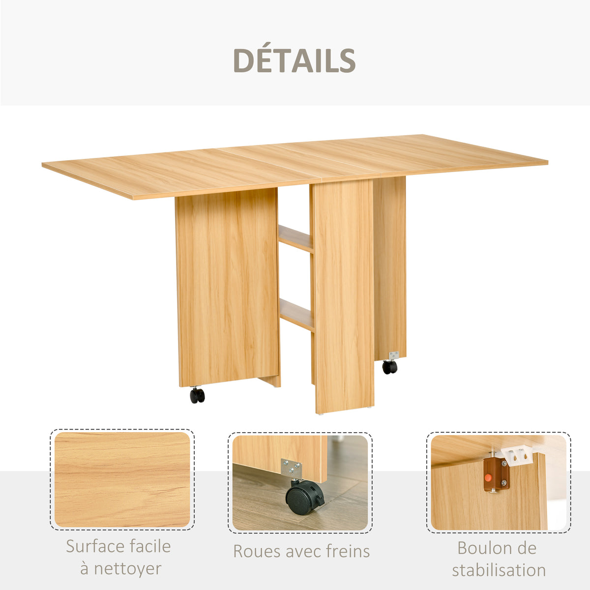 Table pliante de cuisine salle à manger amovible sur roulettes 80L x 140l x 74H cm 2 étagères intégrées en bois coloris bois naturel-4