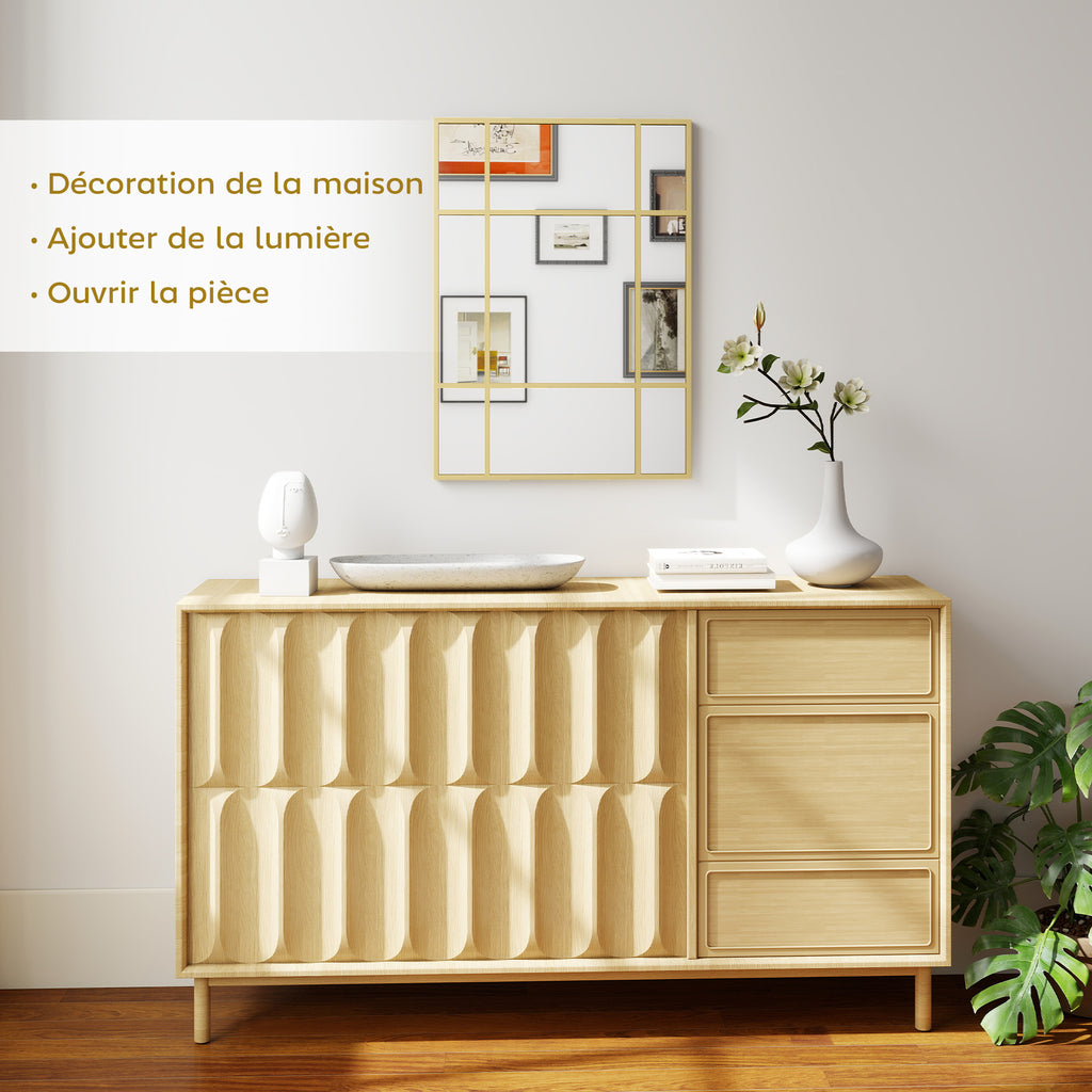Miroir mural verrière rectangulaire style fenêtre, horizontal ou vertical avec 4 crochets, en métal doré - 50x70 cm-3