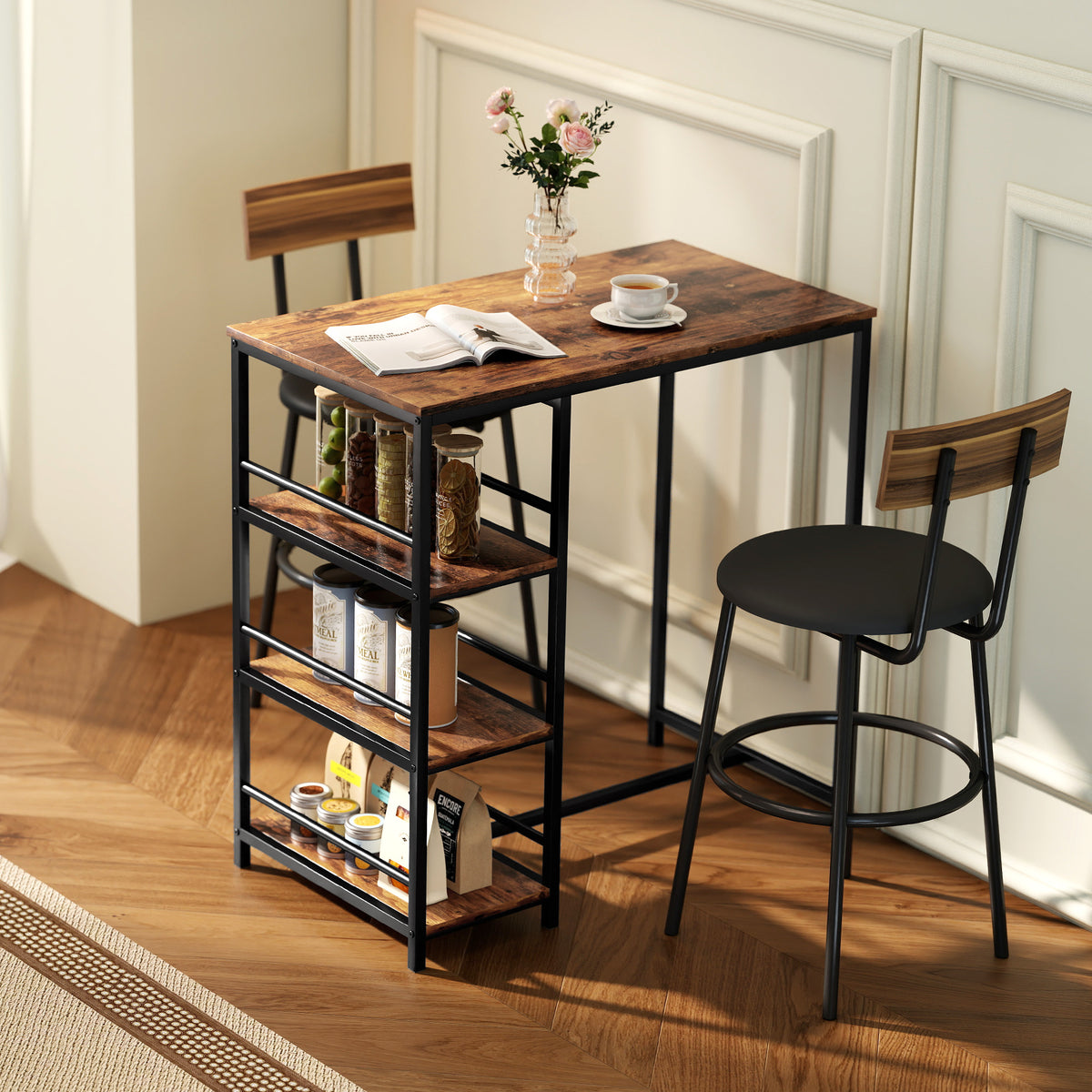 Table de bar mange-debout avec 3 étagères de rangement et cadre en acier, 90 x 50 x 90,5 cm, brun rustique, noir-1