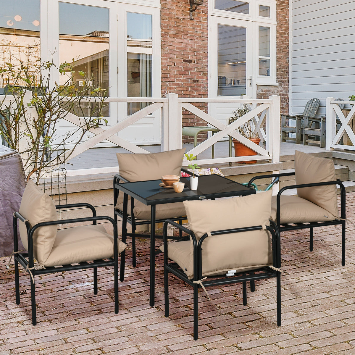 Salon de jardin ensemble table et chaises 5 pièces 1 table à manger carrée et 4 chaises 4 coussins-1