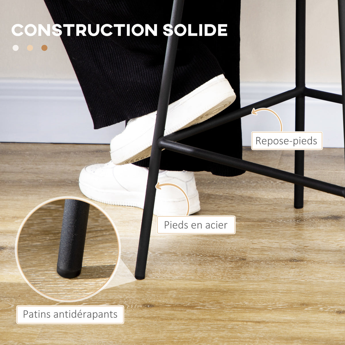 Lot de 2 tabourets de bar design bohème hauteur 66 cm avec repose-pieds métal et rotin PE - noir-4