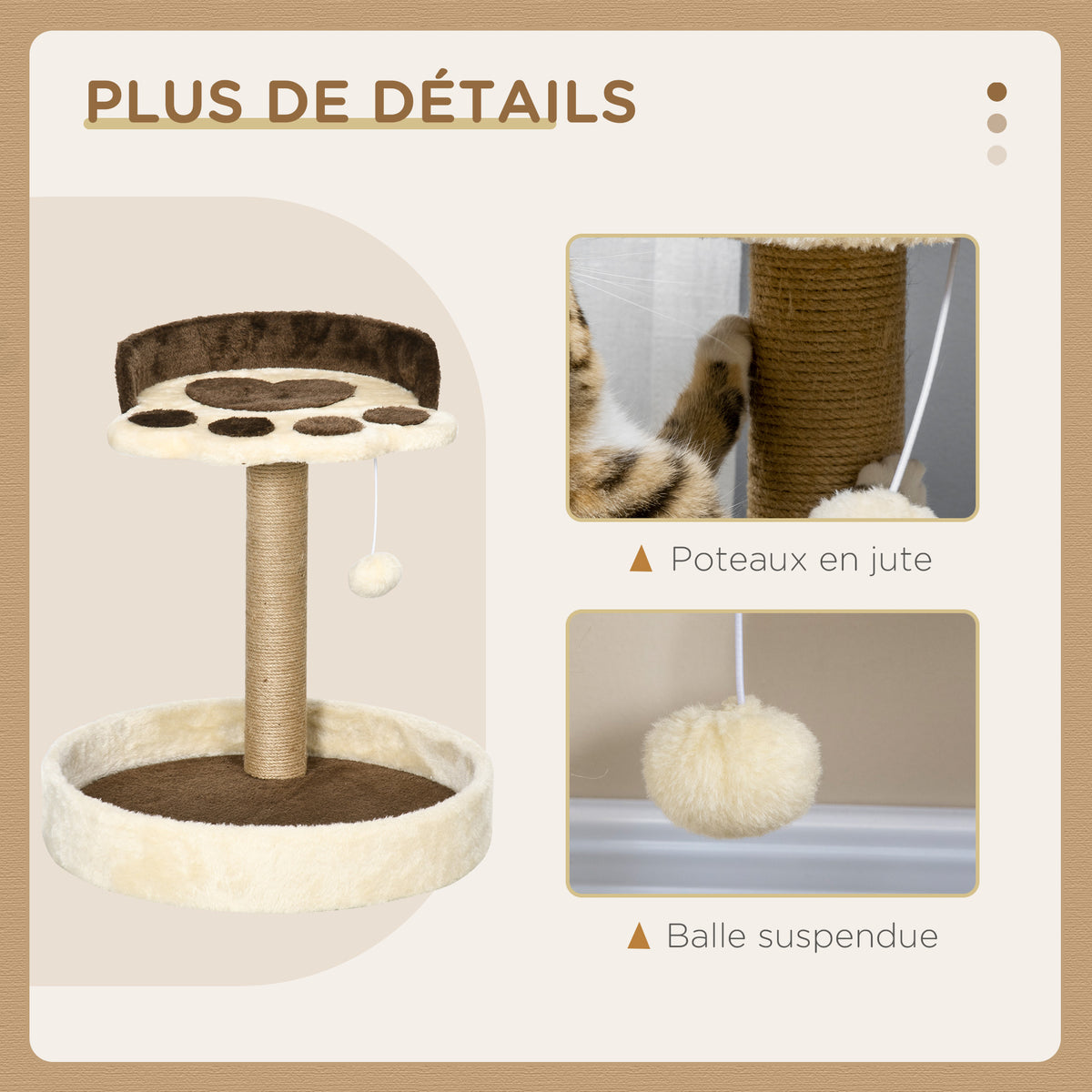 Arbre à chat griffoir grattoir en forme de patte 2 plateformes et un pompon suspendu hauteur 44 cm marron-4