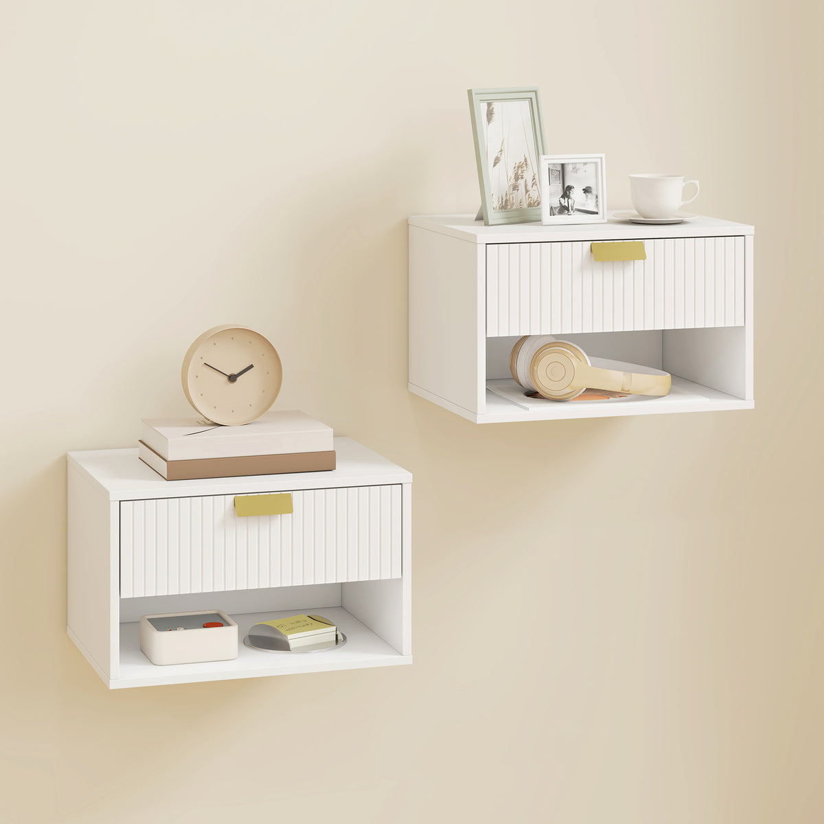 Lot de 2 tables de chevet murales, tables de nuit suspendues avec tiroir rainuré et étagère ouverte, 40 x 30 x 25 cm, blanc-1