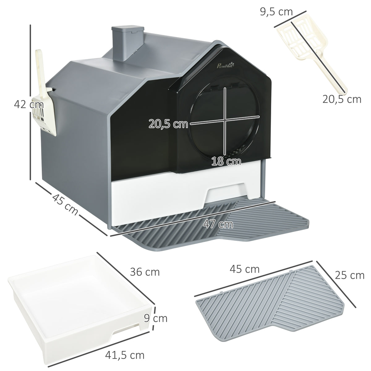 Maison de toilette bac à litière pour chat design maisonnette avec pelle, filtre et tapis dim. 47L x 45l x 42H cm-2