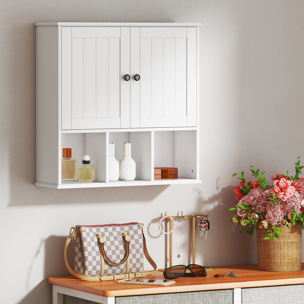 Armoire murale de salle de bain, meuble de rangement avec 2 portes, étagère réglable et compartiments ouverts, blanc-8