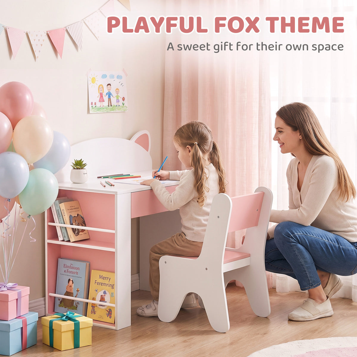 Bureau et Chaise pour Enfant 2 Pièces, Ensemble Table d'Activité, Tiroir, Bibliothèque pour Dessin, Lecture, Blanc Rose-7
