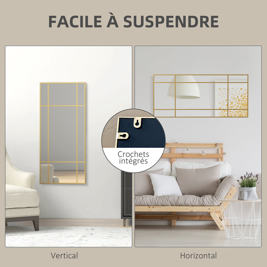 Miroir mural verrière rectangulaire style fenêtre, horizontal ou vertical avec 4 crochets, en métal doré - 110x50 cm-4