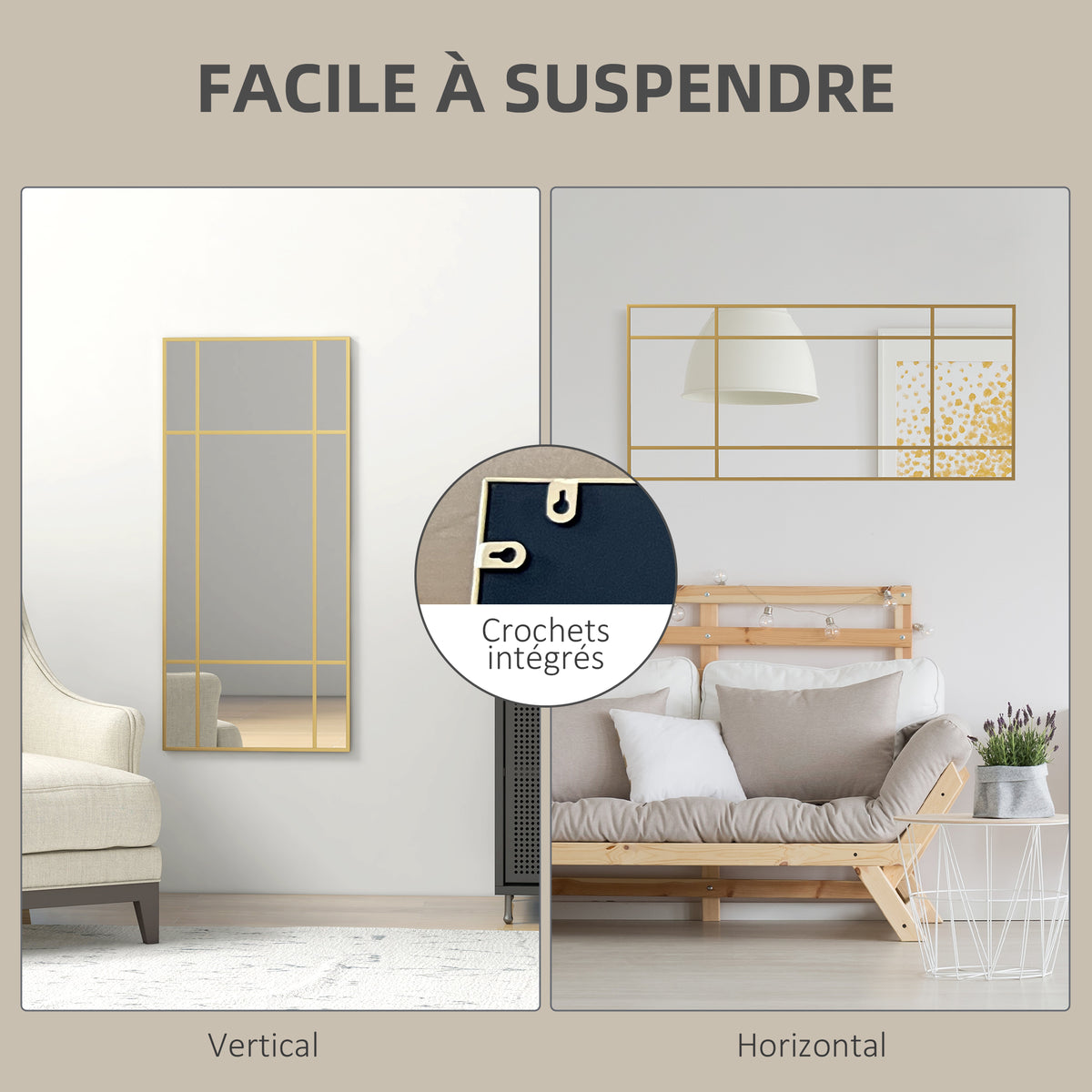 Miroir mural verrière rectangulaire style fenêtre, horizontal ou vertical avec 4 crochets, en métal doré - 110x50 cm-4